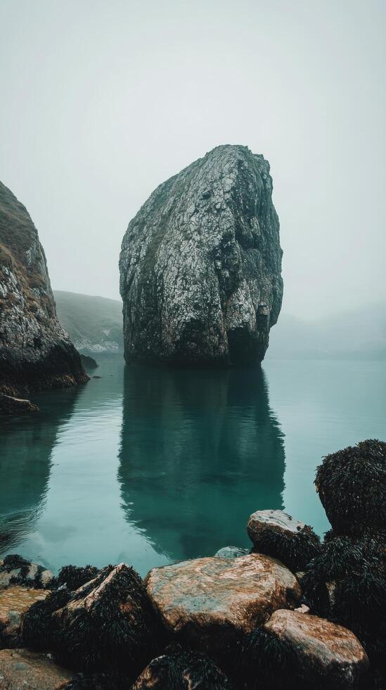 Mysterious rock formation rises from calm water on foggy morning near coastal cliffs photo