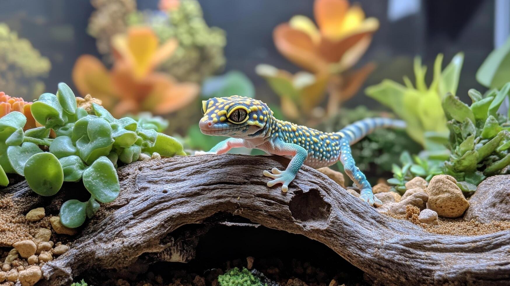 Leopard gecko exploring a desert-themed terrarium with cacti and vibrant orange plants photo