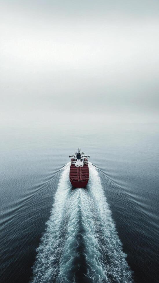 Large cargo ship navigating through calm ocean waters during sunset photo