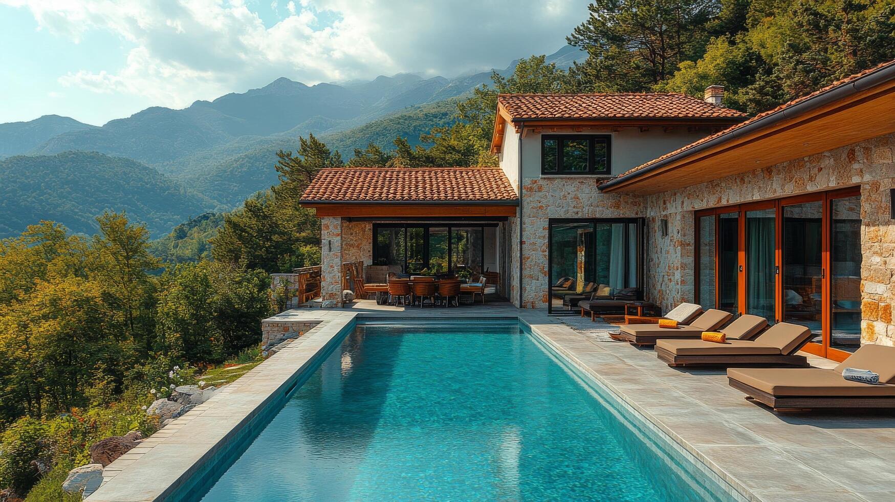 Beautiful luxury villa with a sparkling pool surrounded by lush greenery in a serene setting photo