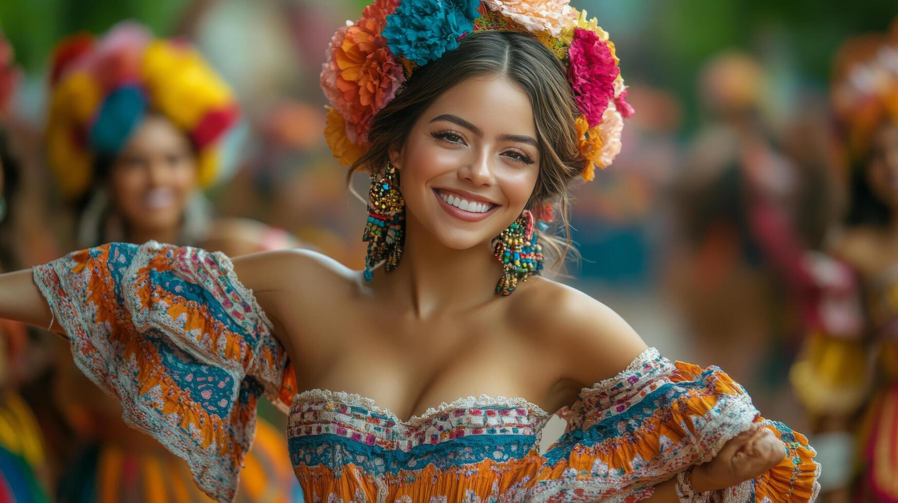 Vibrant dancer in traditional attire celebrates cultural festival with joyful movements and bright colors photo