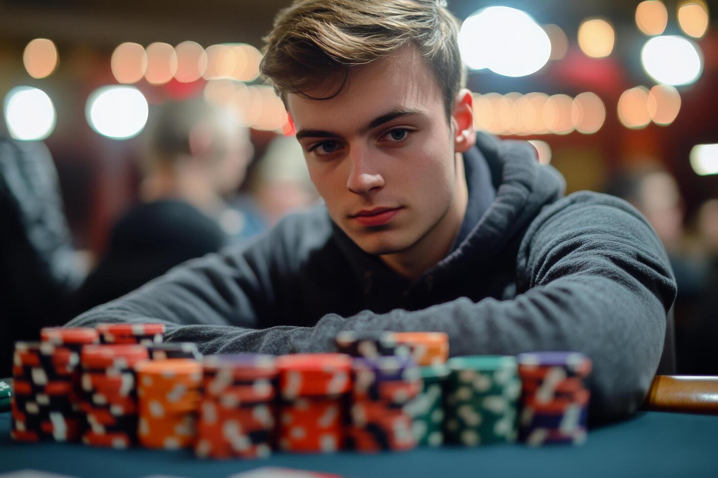 Intense poker player focuses on chips during a high-stakes game at a casino photo