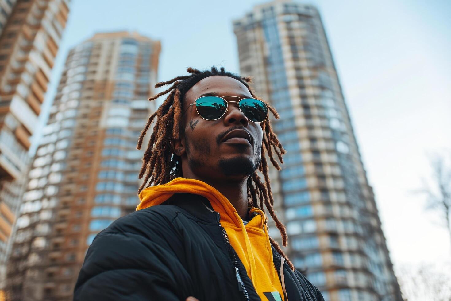 Man with dreadlocks poses confidently in an urban environment amidst tall buildings photo