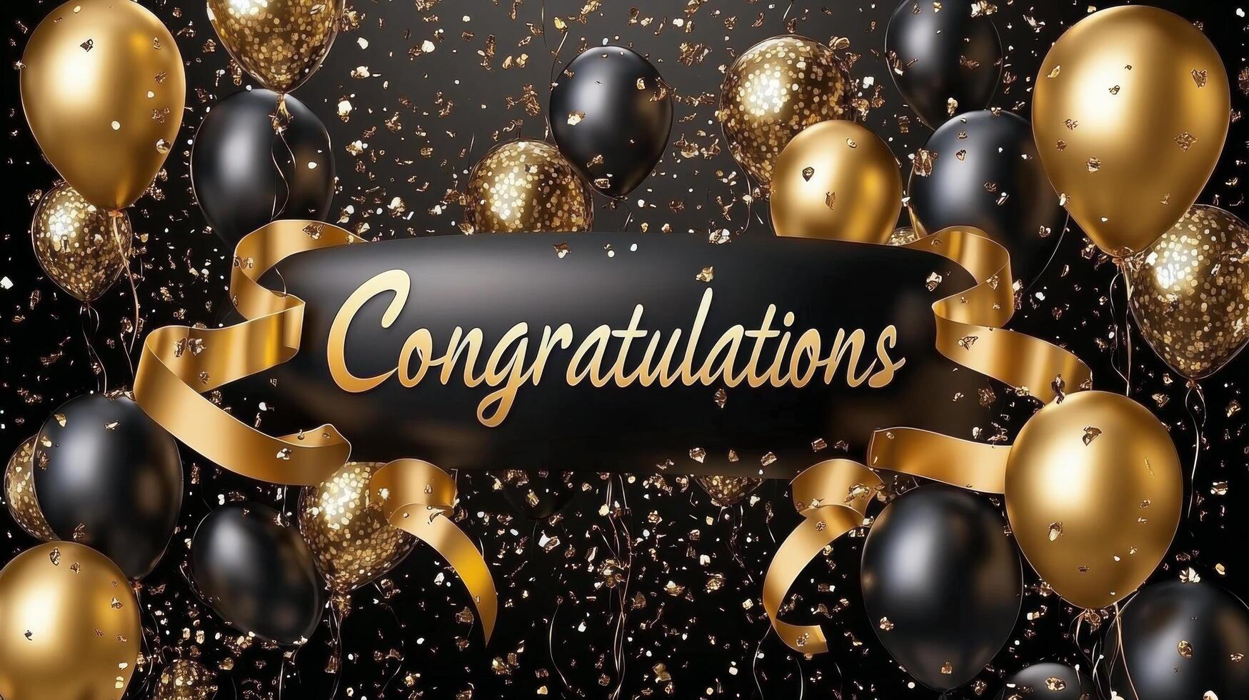 Celebration with golden and black balloons, confetti, and a congratulations banner for special occasions photo
