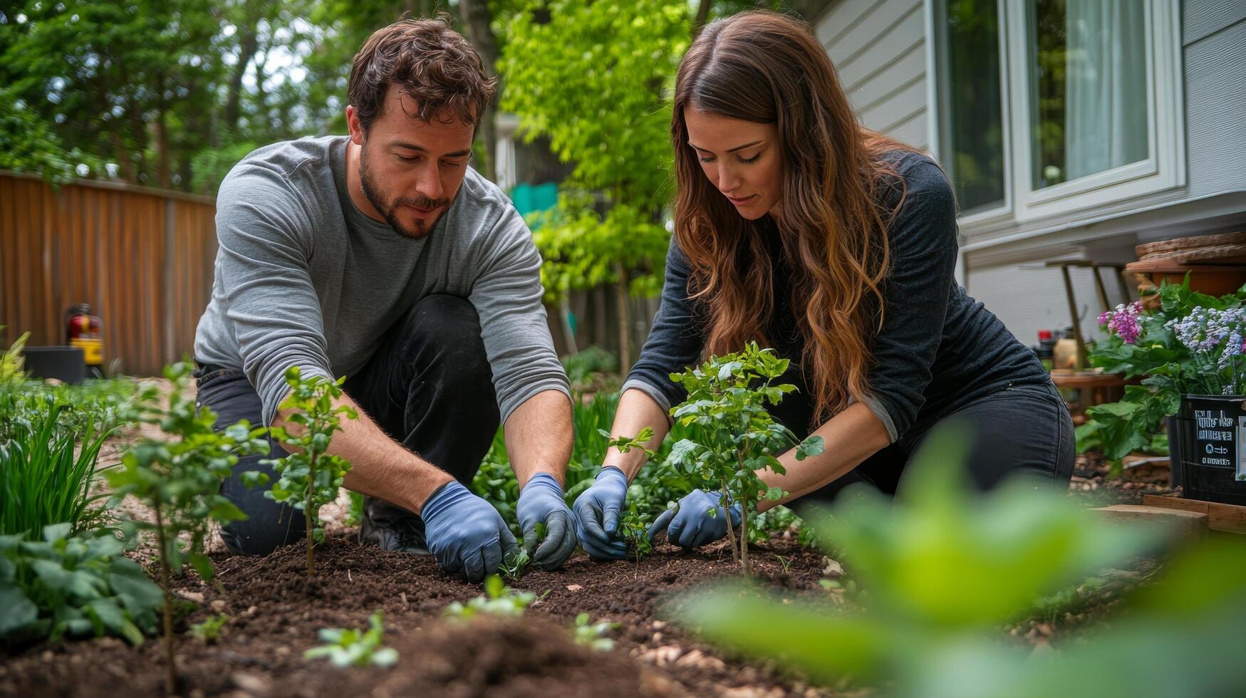 Couple gardening together in a sunny outdoor setting during late afternoon photo