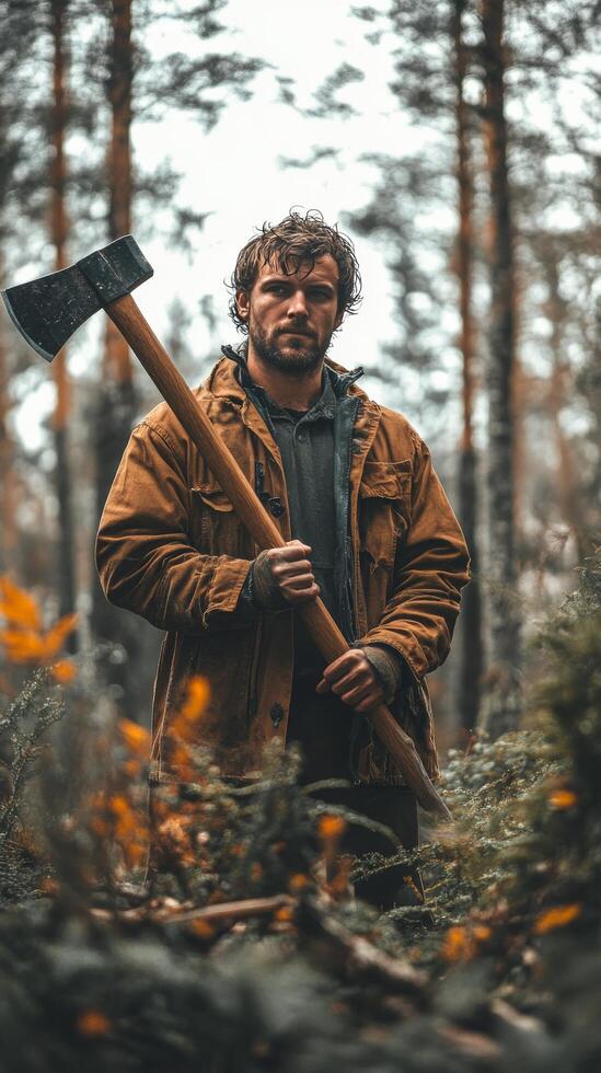 Woodsman carrying axe in dense forest during autumn afternoon photo