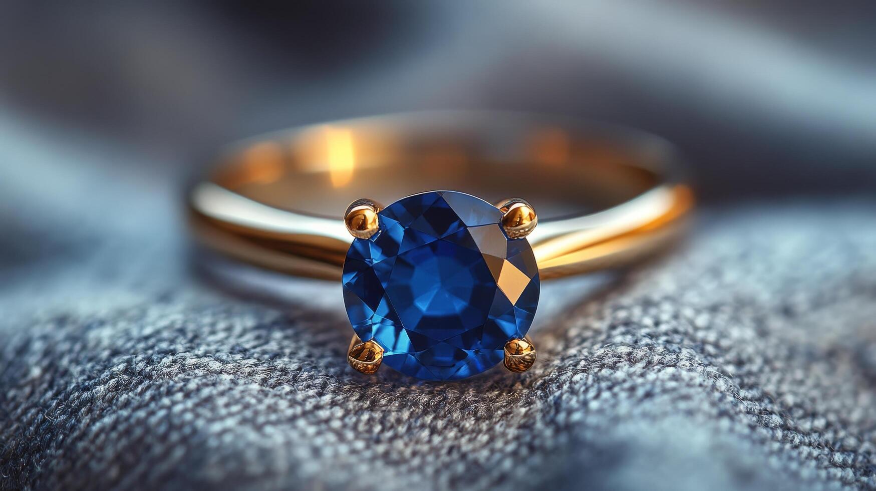 Elegant gold ring featuring a stunning blue gemstone on a soft fabric background photo