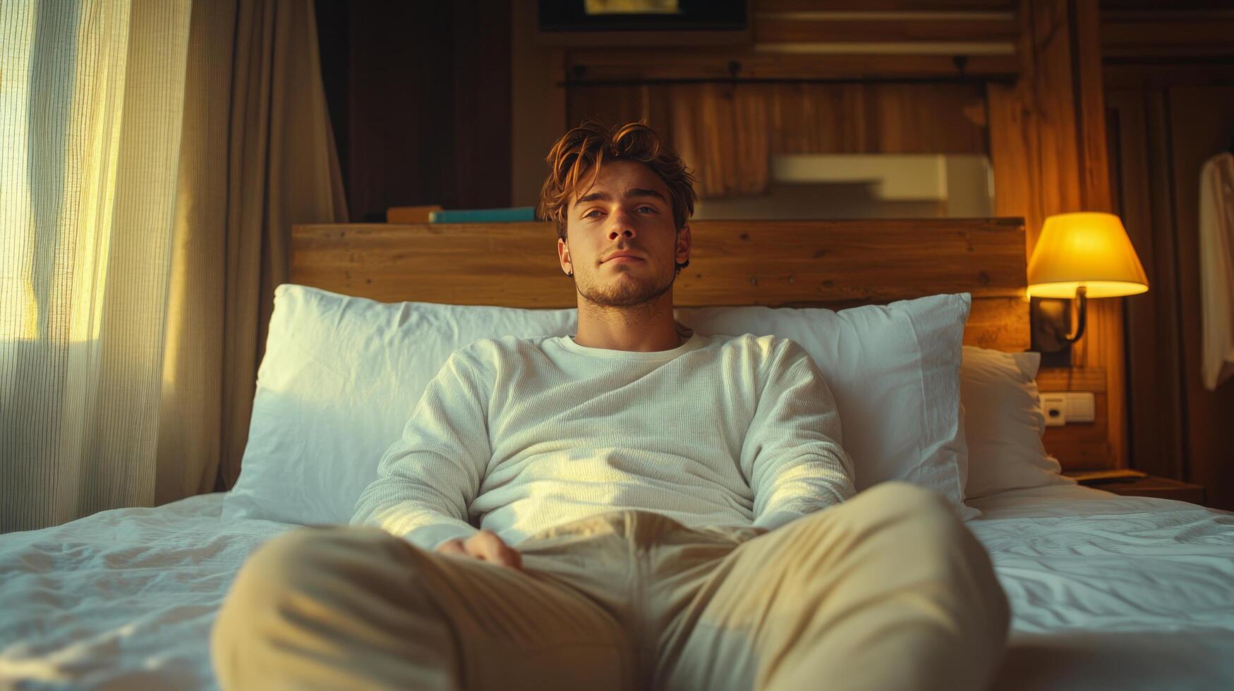 Cozy man relaxing in warm sweater at a stylish indoor lounge during evening photo