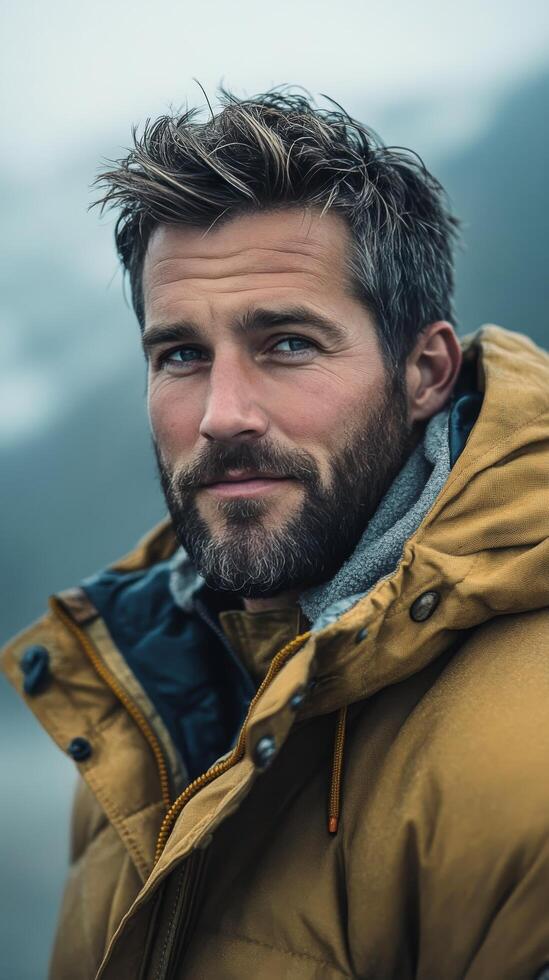 Man in rugged jacket against misty mountains during early morning light photo