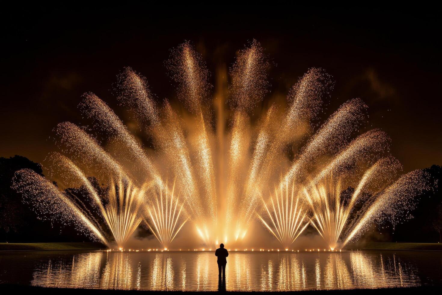 Colorful fireworks illuminate the night sky above a serene lake during a vibrant festival celebration photo