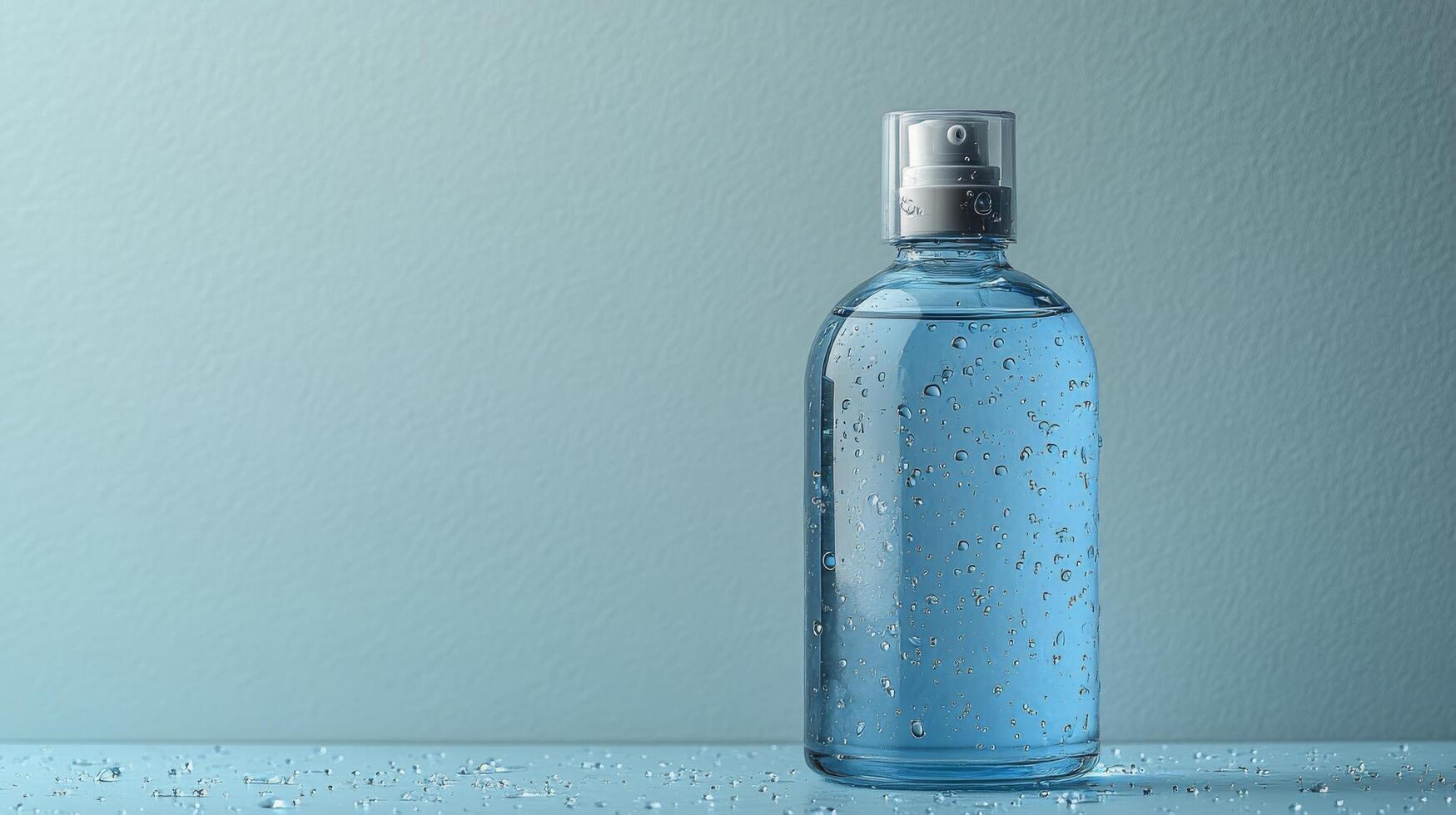 Clear blue bottle of liquid against a light blue background with shadow patterns highlighting its features photo