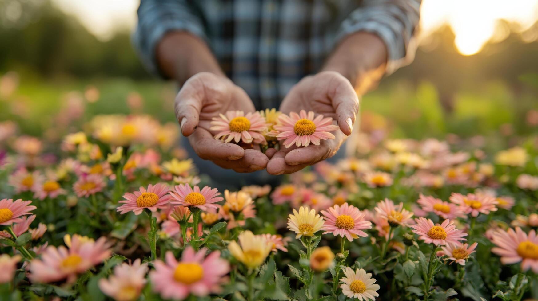 Gardener tending to vibrant flowers with a shovel in a sunlit garden during springtime photo