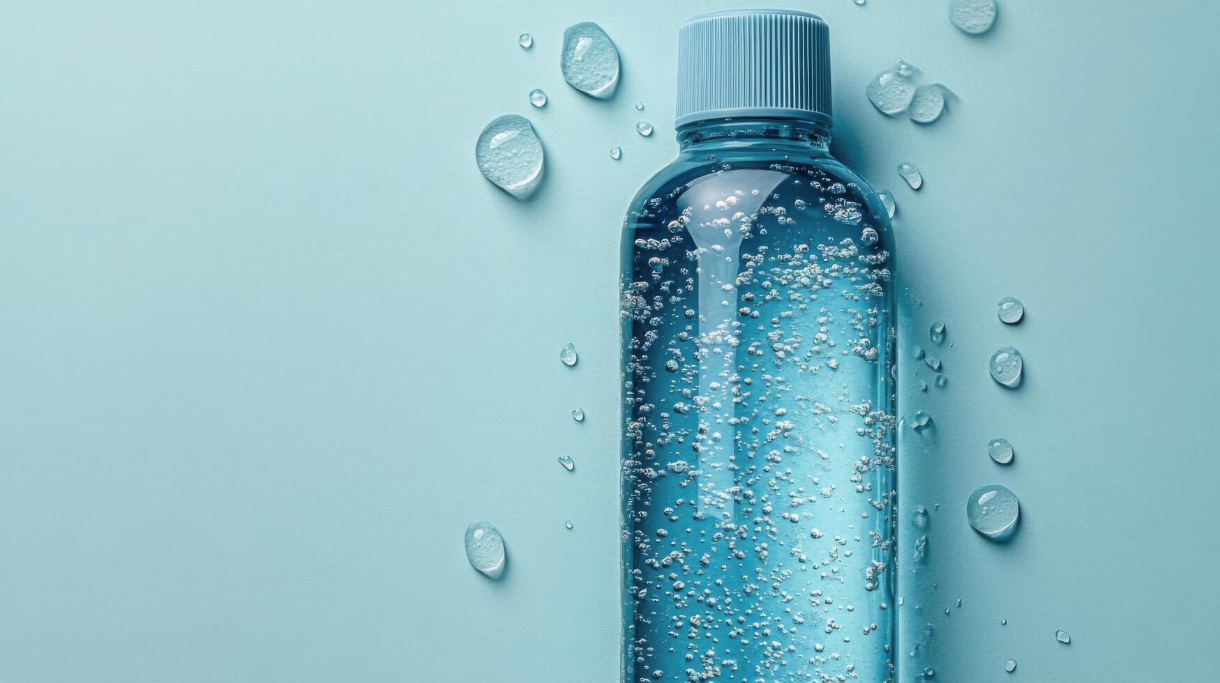 Clear blue bottle of liquid against a light blue background with shadow patterns highlighting its features photo