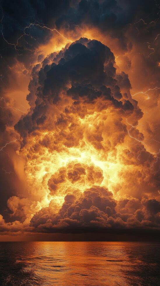 Dramatic lightning strikes illuminate a vibrant cloud formation at dusk in a stormy sky photo