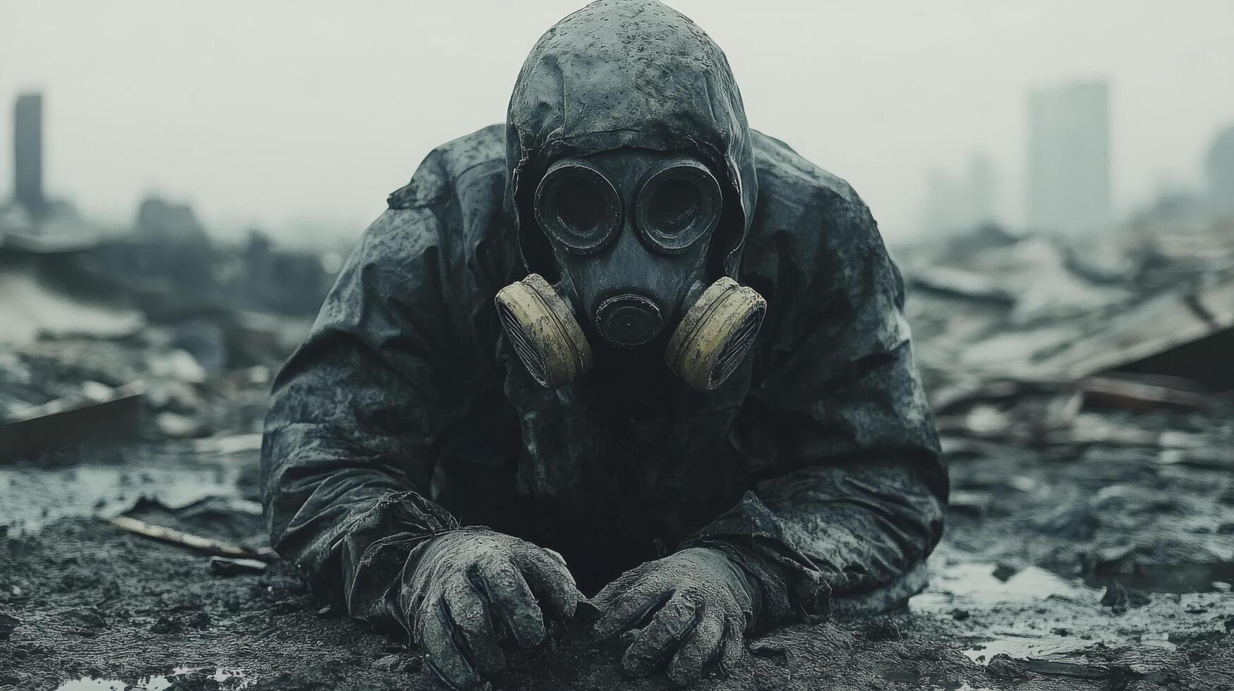 Survivor in a devastated urban landscape wearing a gas mask during a post-apocalyptic scenario photo