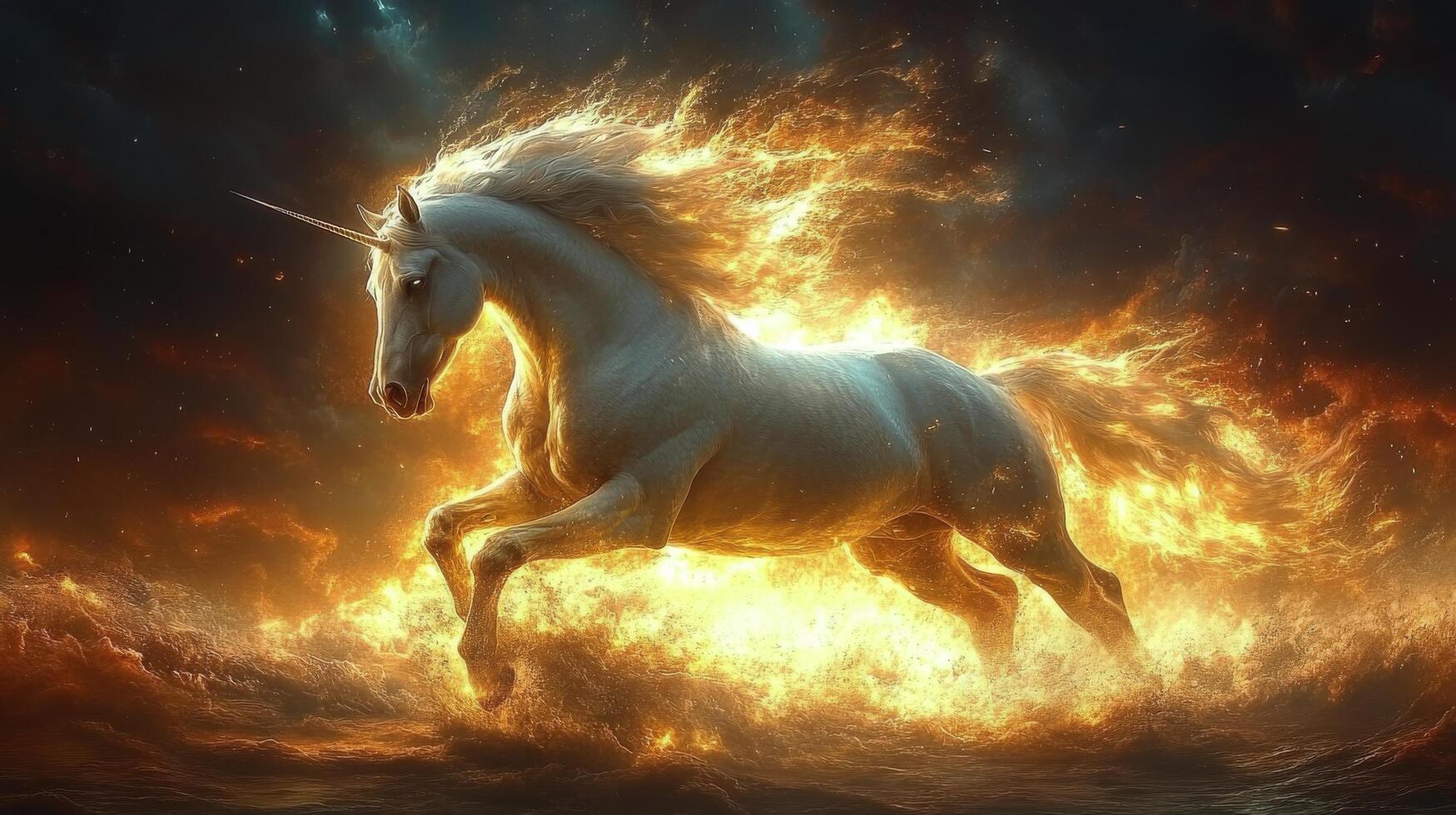 Majestic white horse and strong black horse galloping through the green grassy field at dusk photo