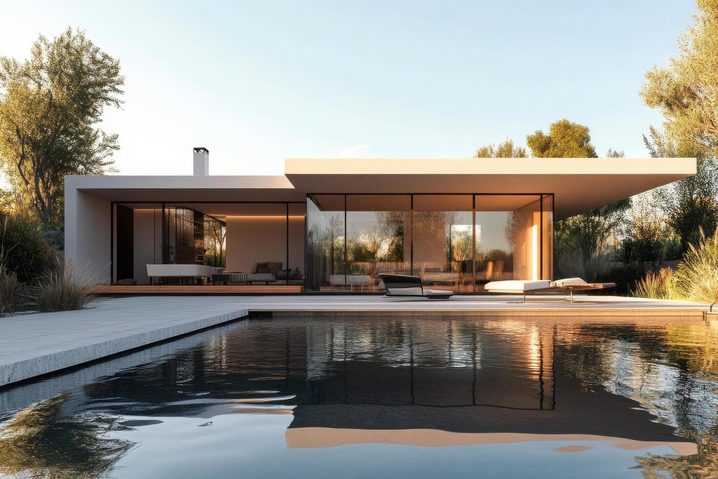 Modern house with large windows and a pool in a serene backyard setting photo