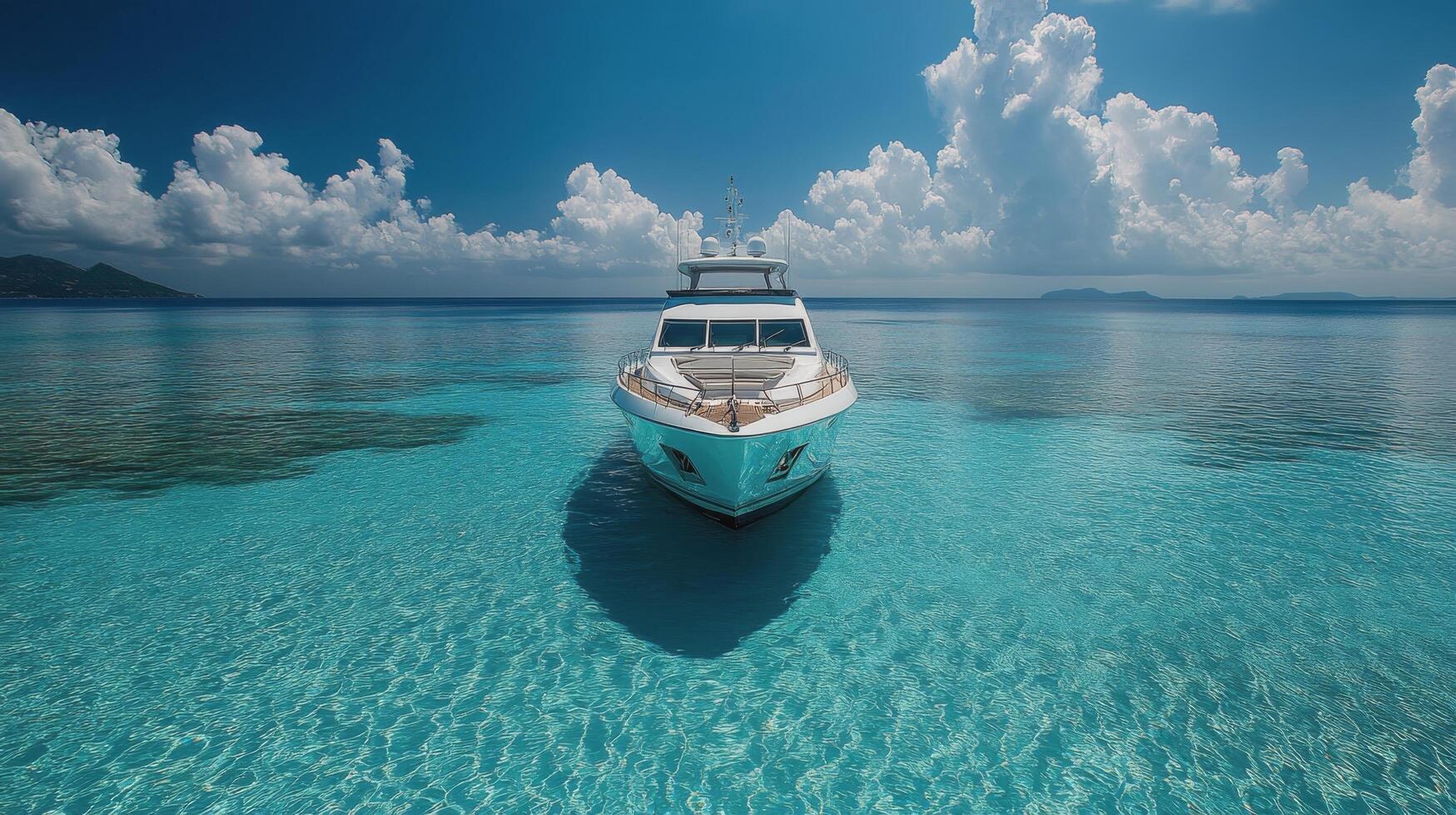 Luxurious yacht anchored in crystal clear waters near rocky coastline on a sunny day photo