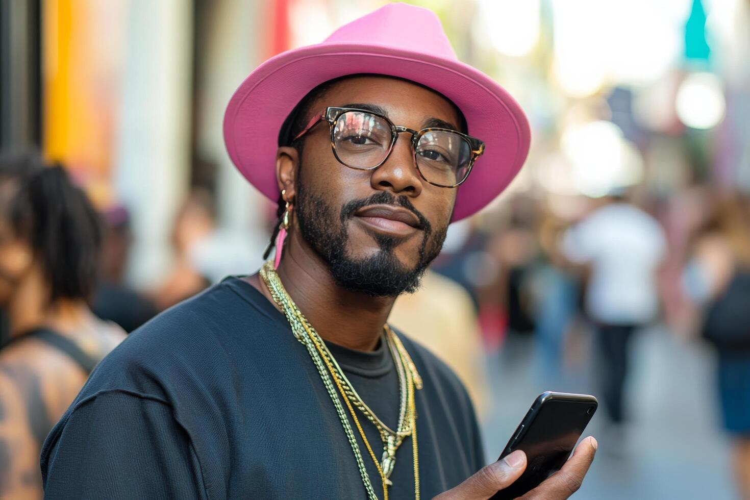Stylish man in bright orange suit with pink hat standing against vibrant pink wall while using smartphone photo