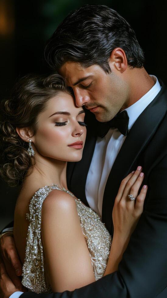 Couple embraces during an elegant evening in a romantic setting photo