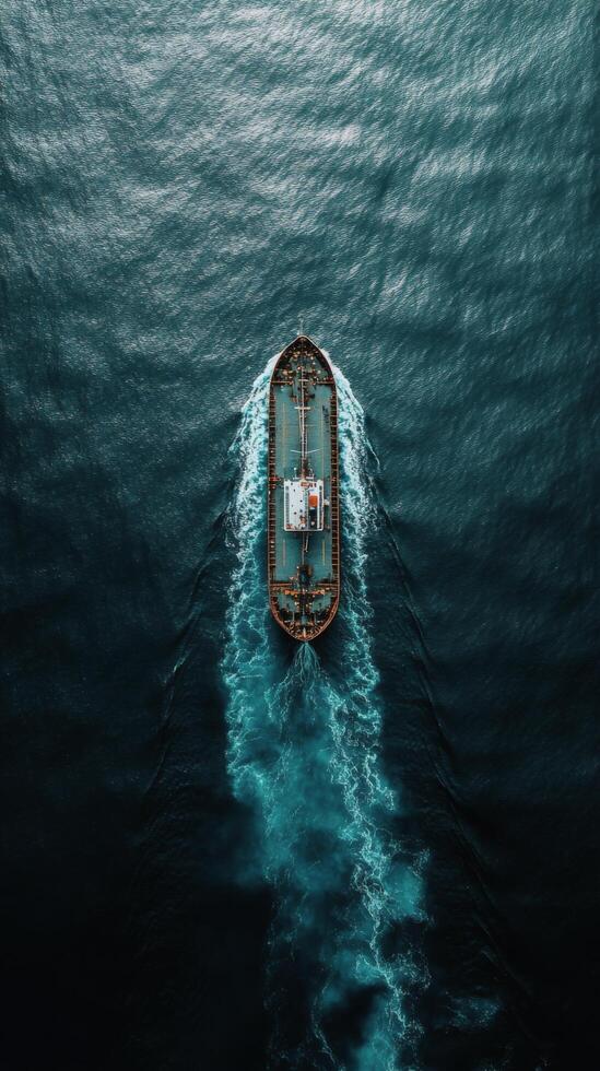 Large cargo ship navigating through calm ocean waters during sunset photo