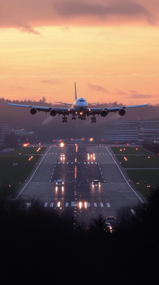 Airplane landing at sunset under orange and purple sky near busy airport runway photo