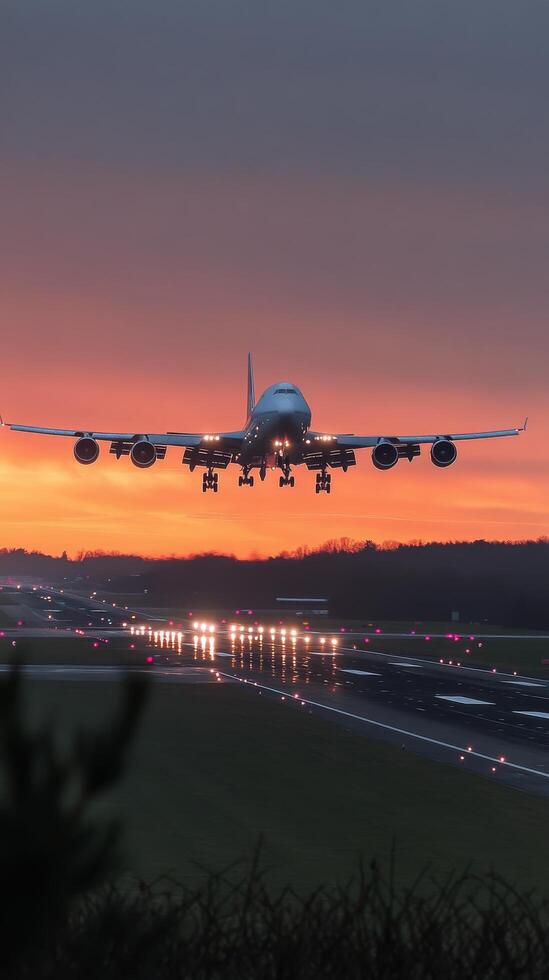 Airplane landing at sunset under orange and purple sky near busy airport runway photo