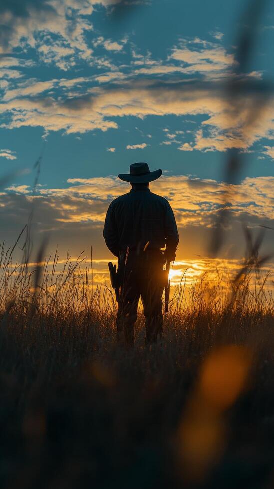 Soldier standing in a field during a sunny afternoon, contemplating the vast open landscape photo