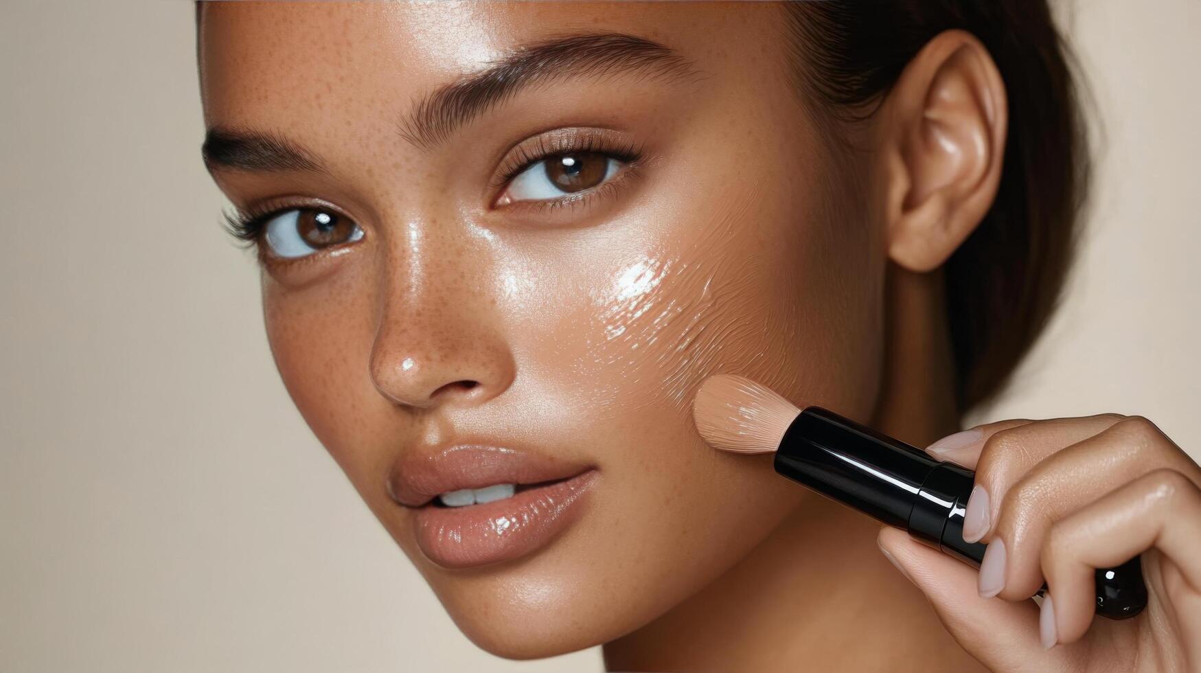 Beautiful model applying foundation for a flawless complexion in a softly lit setting photo