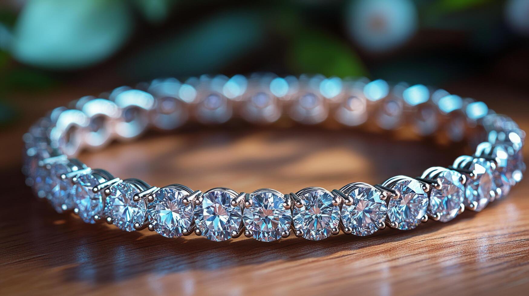 Elegant diamond bracelet glows under warm light on wooden surface in a stylish setting photo