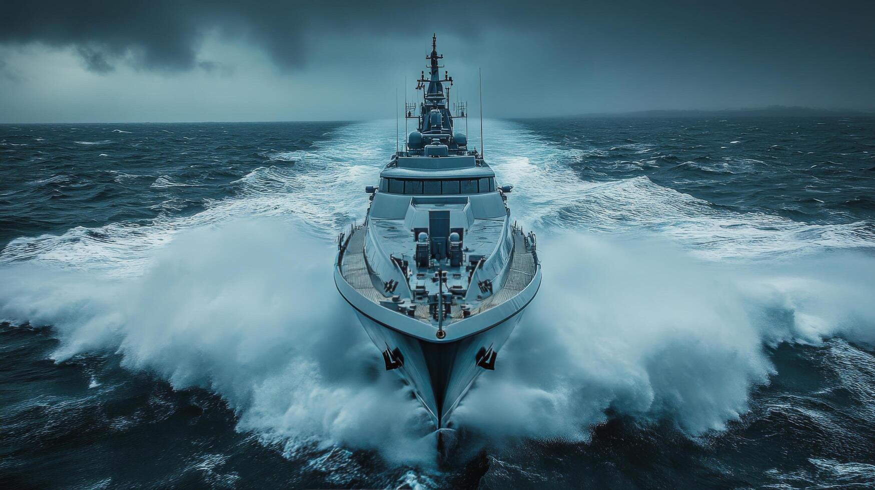 Powerful vessel navigates through rough seas during stormy weather photo