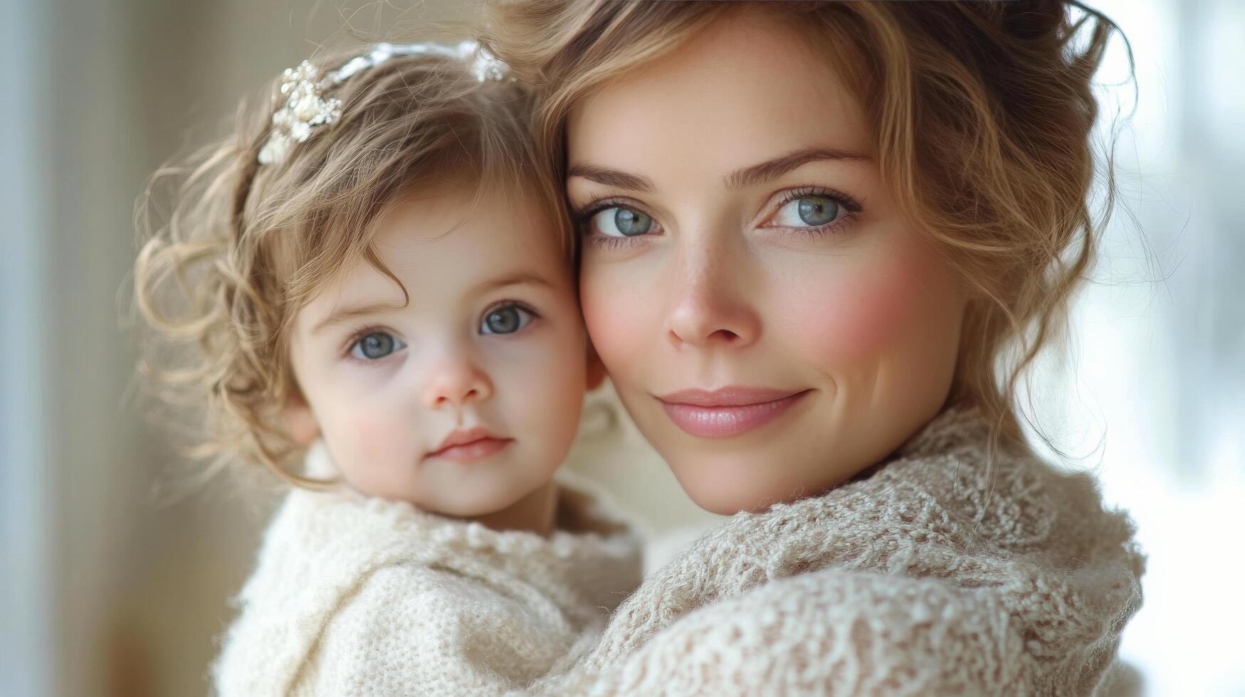 Mother holding baby close with warm expressions in cozy indoor setting during daylight photo