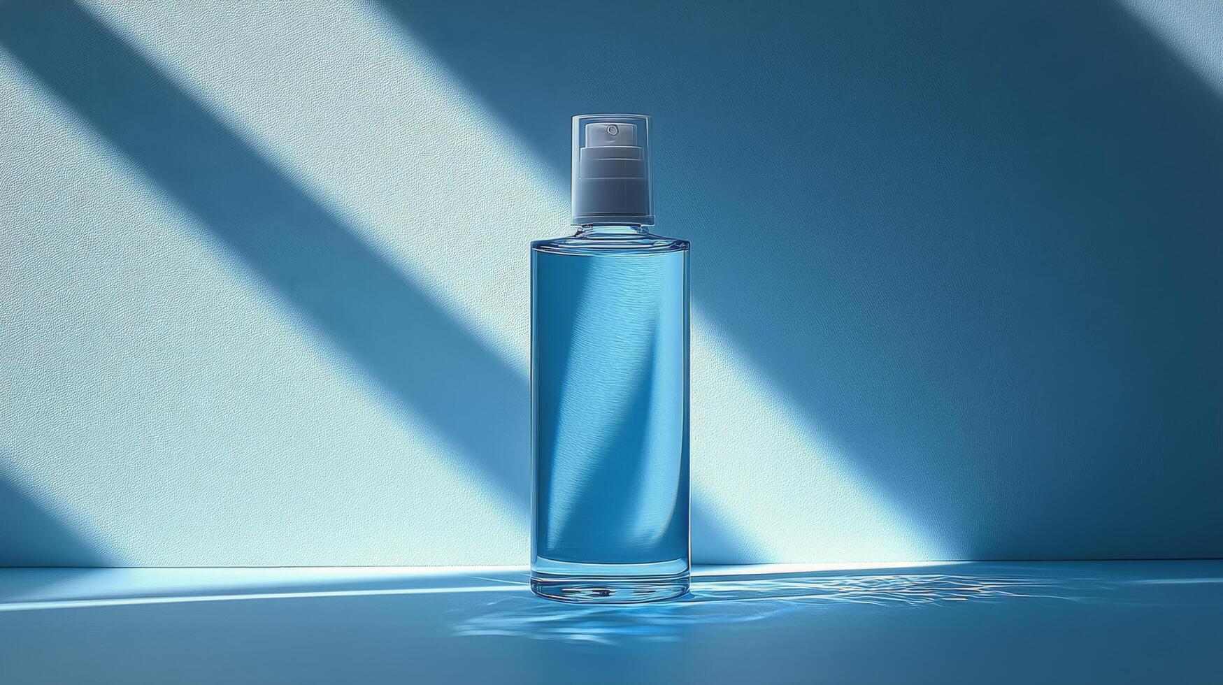 Clear blue bottle of liquid against a light blue background with shadow patterns highlighting its features photo