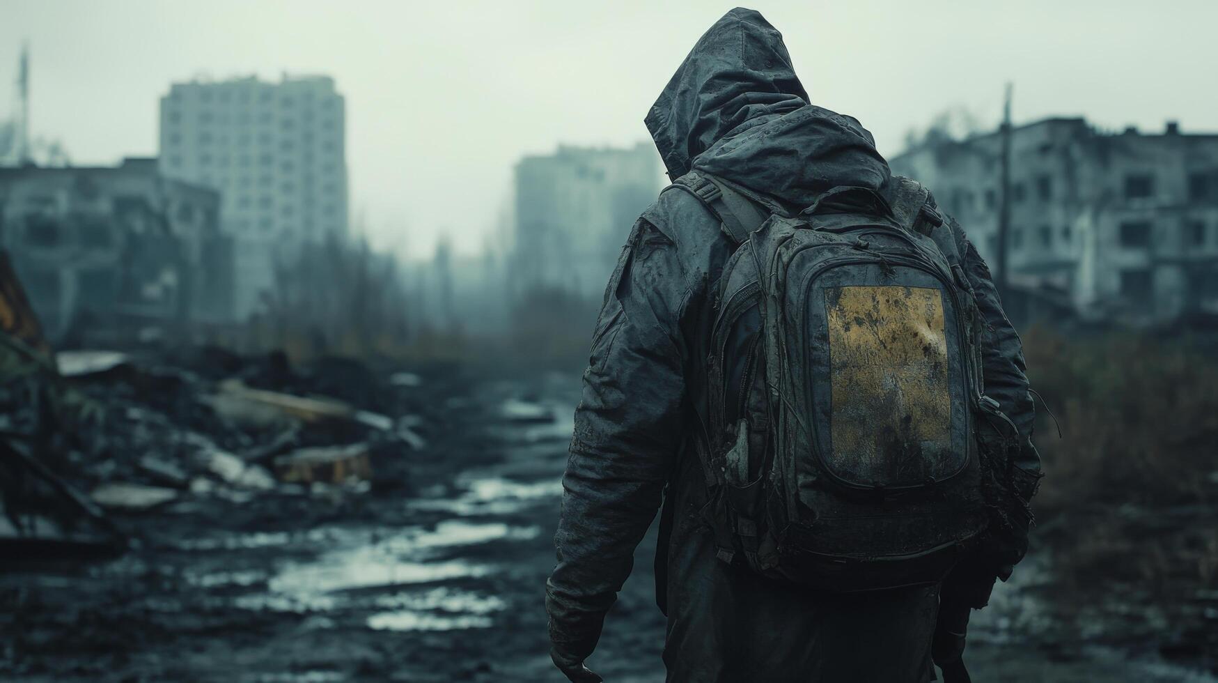 Survivor in a devastated urban landscape wearing a gas mask during a post-apocalyptic scenario photo