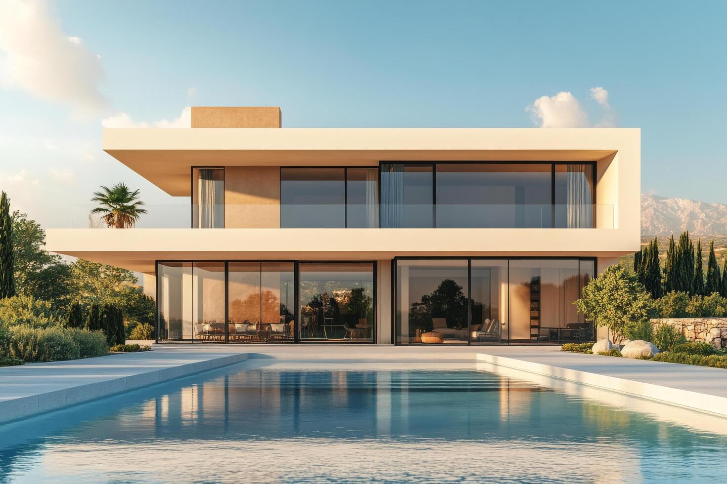 Modern house with large windows and a pool in a serene backyard setting photo