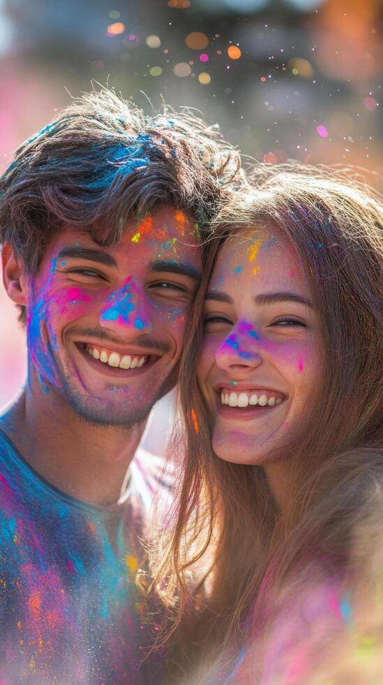 Colorful celebration of love during Holi festival with smiles and vibrant powder in the background photo