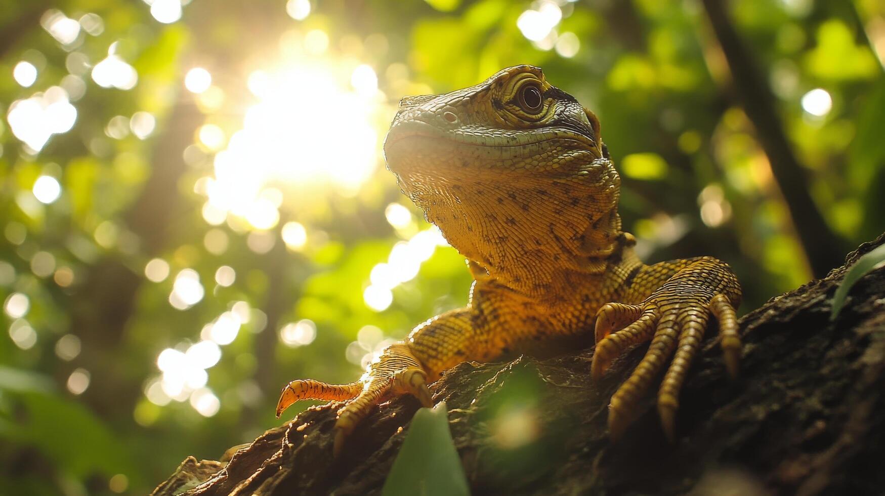 Lizard resting amidst lush green foliage in a tropical environment during daylight hours photo