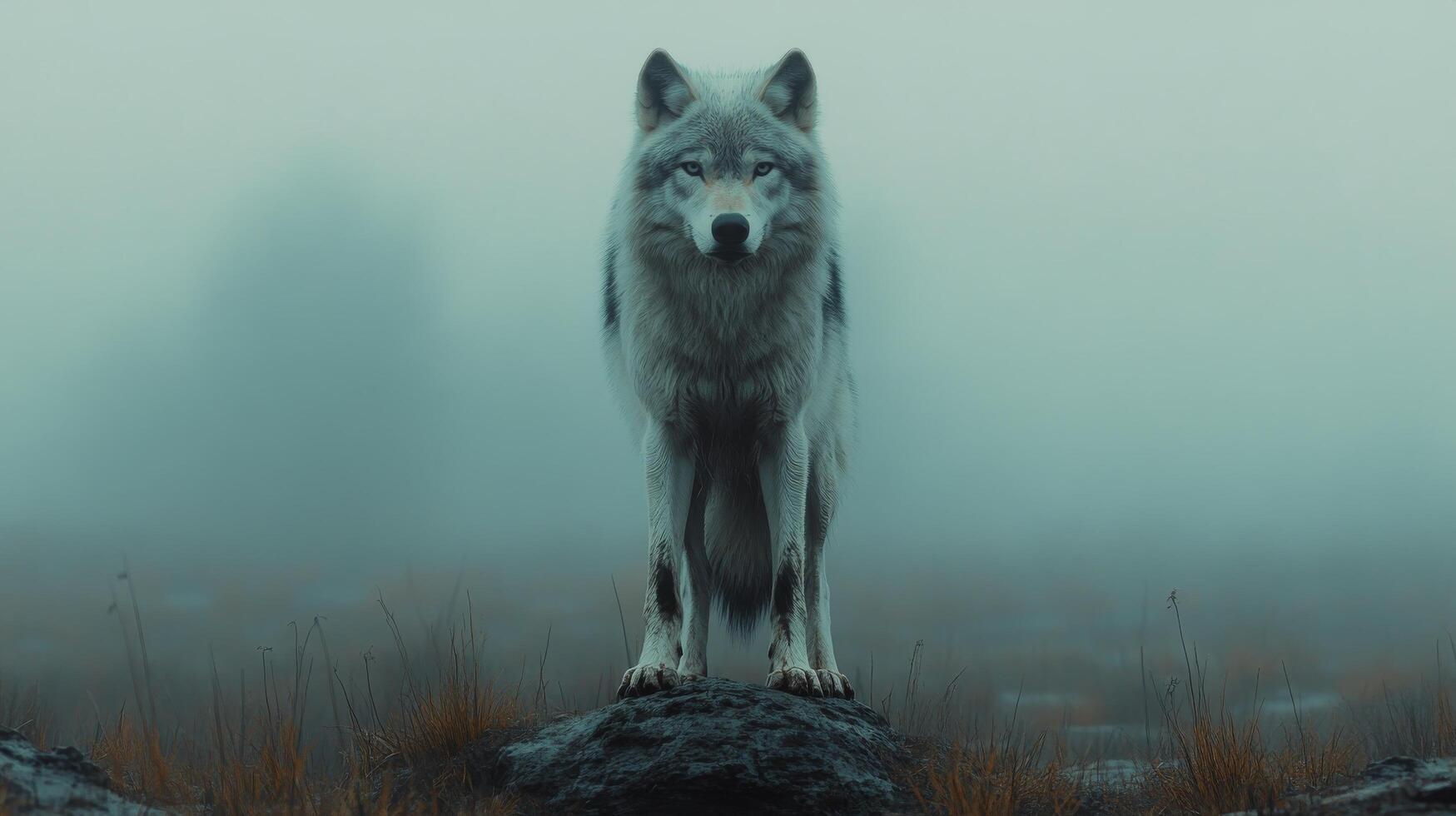 Wolf standing on a rock during a cool evening in a snowy landscape photo