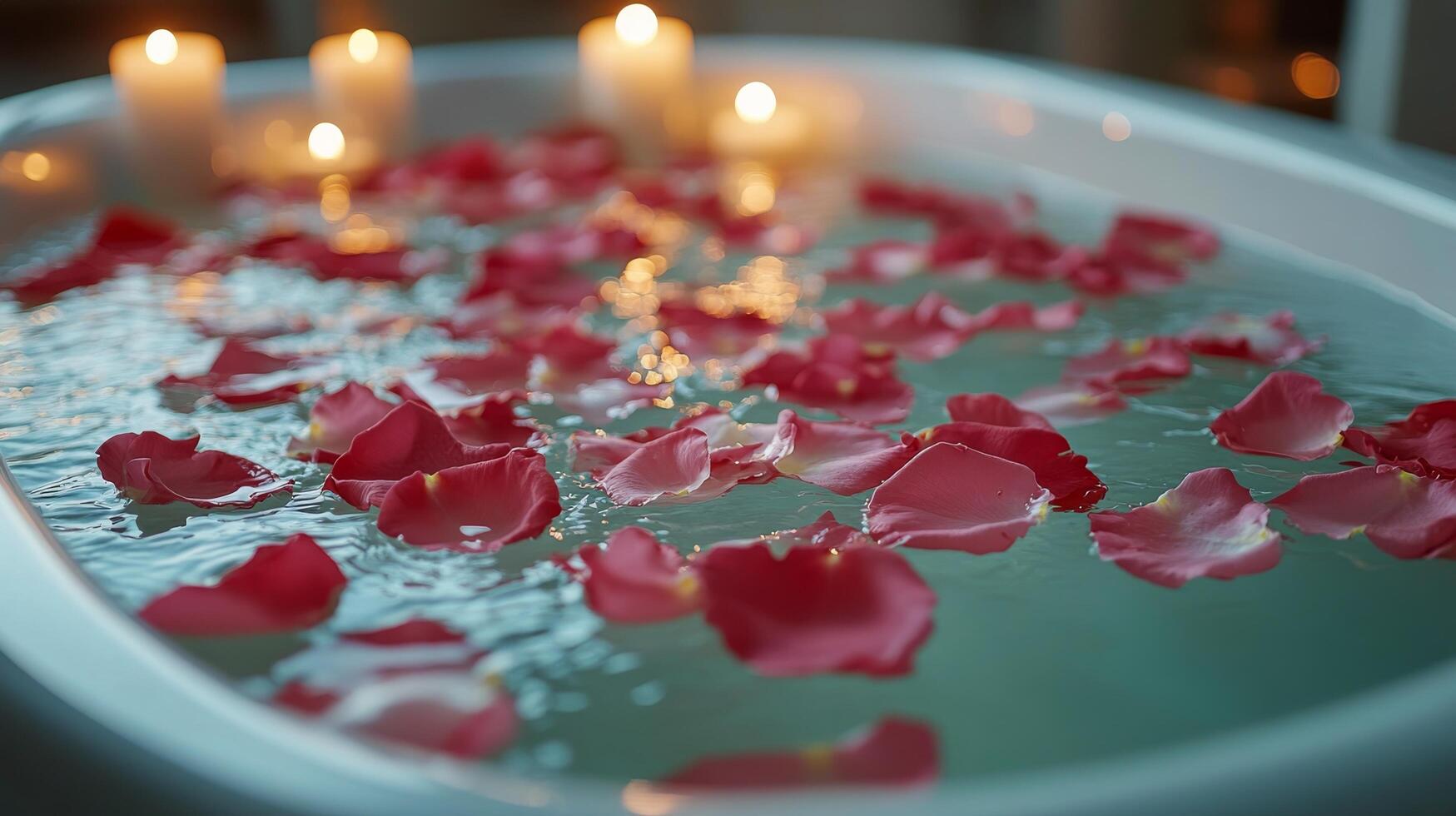 Relaxing bath with rose petals and candles for a soothing experience at home photo