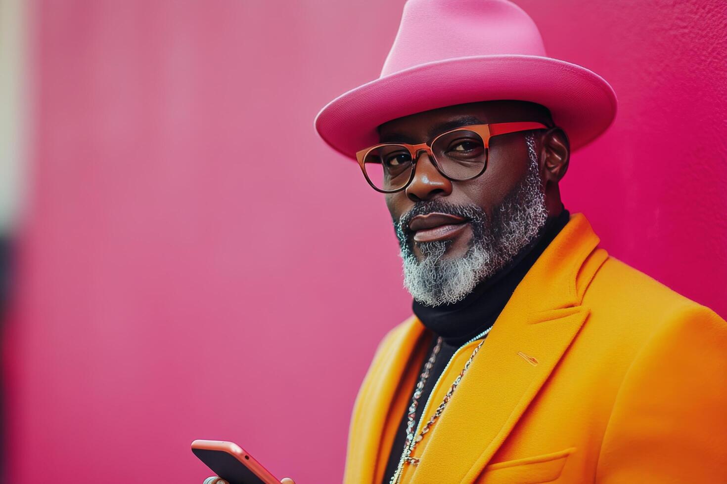 Stylish man in bright orange suit with pink hat standing against vibrant pink wall while using smartphone photo