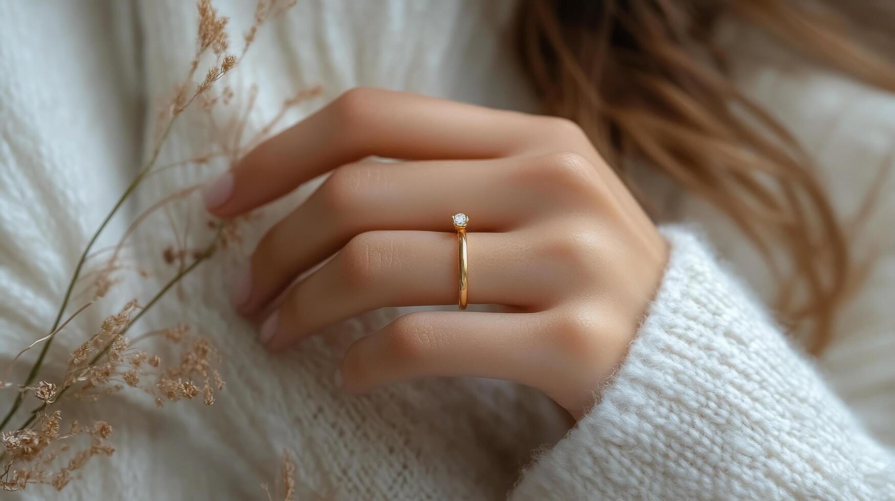Delicate gold ring on finger showcasing elegance during cozy indoor setting with soft textures photo
