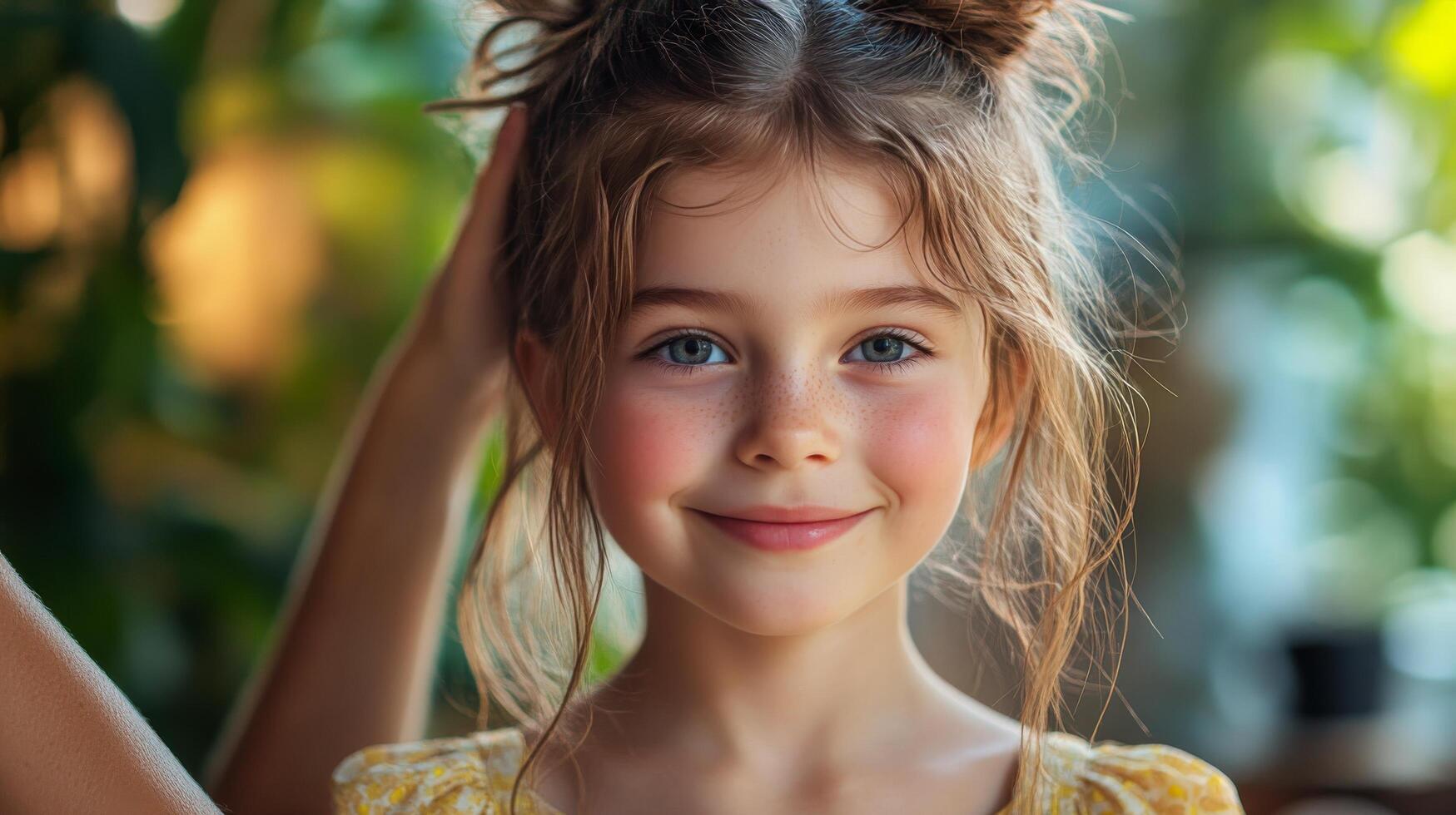 Loving mother and daughter sharing a joyful moment indoors, showcasing their bright smiles and connection photo