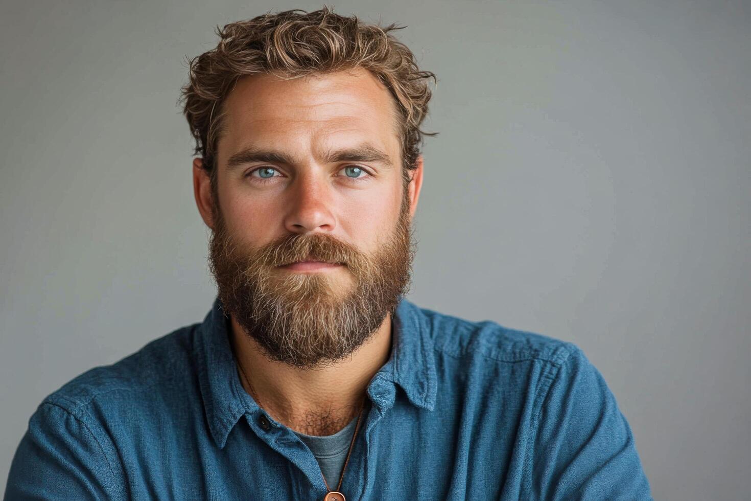 Handsome man with a beard and blue eyes posing in casual attire against a neutral background photo