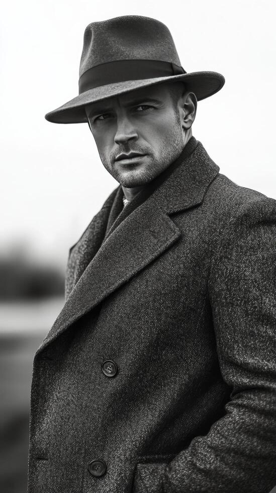 Stylish man in a dark coat and hat confidently poses outdoors in a vintage black and white setting photo