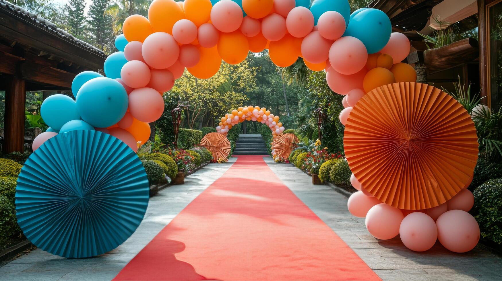 Colorful paper decorations frame a vibrant entrance in a joyful celebration setting photo