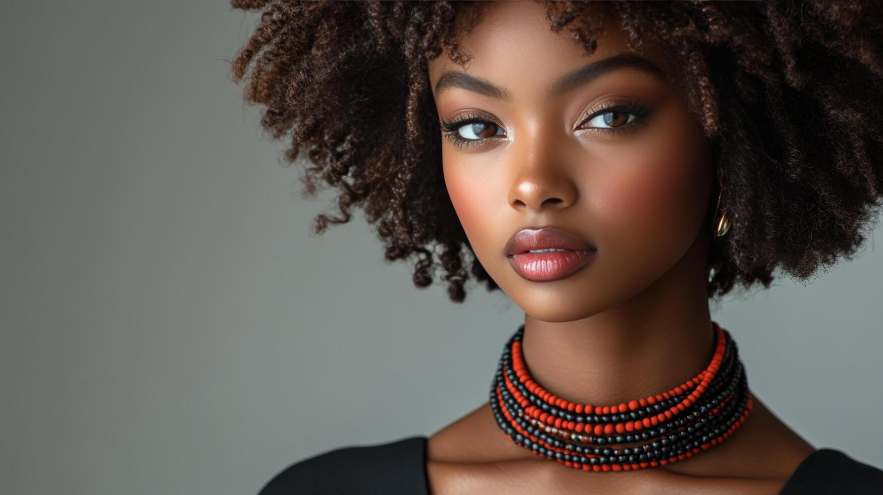 Young woman with curly hair and colorful necklace poses in bright indoor setting photo