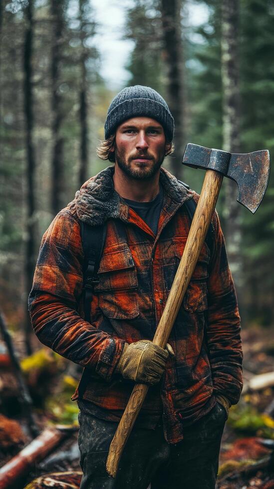 Woodsman carrying axe in dense forest during autumn afternoon photo