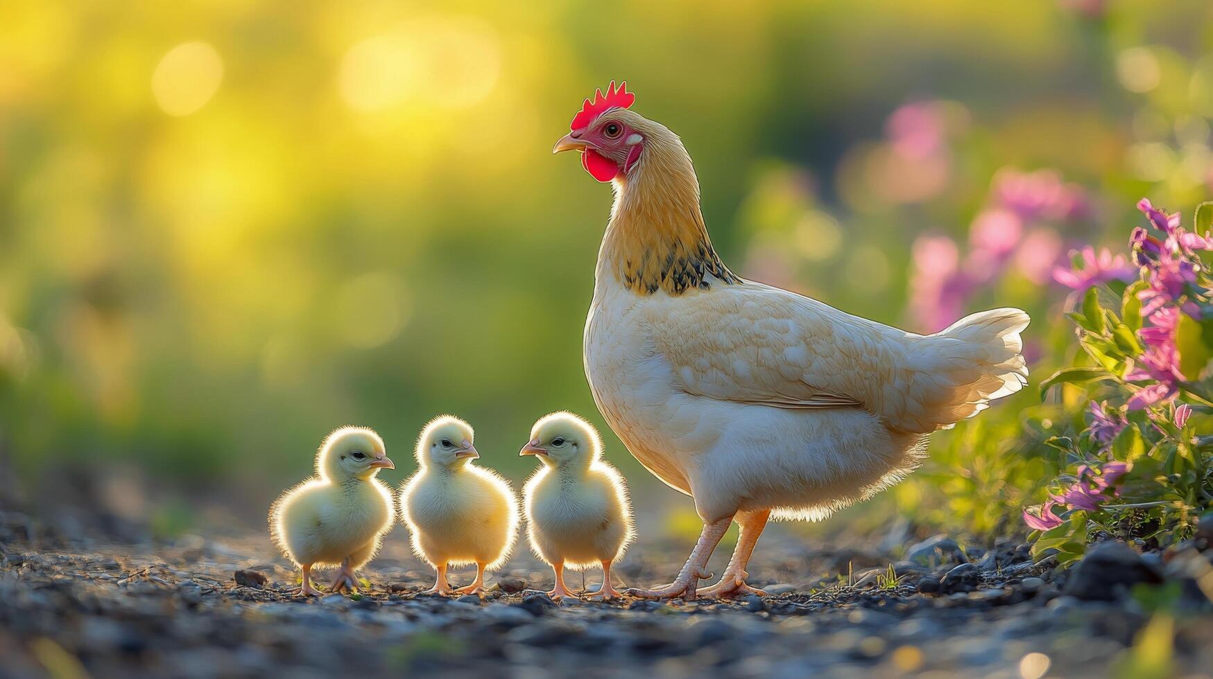 Mother hen watching over her fluffy chicks in a blooming field during golden hour photo
