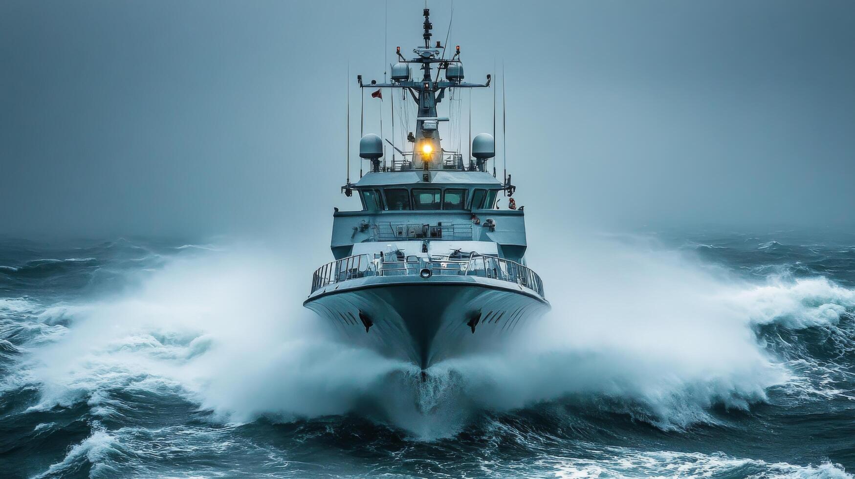 Powerful vessel navigates through rough seas during stormy weather photo