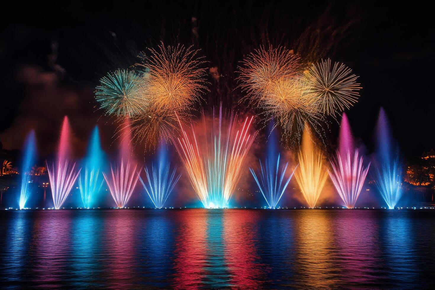 Colorful fireworks illuminate the night sky above a serene lake during a vibrant festival celebration photo